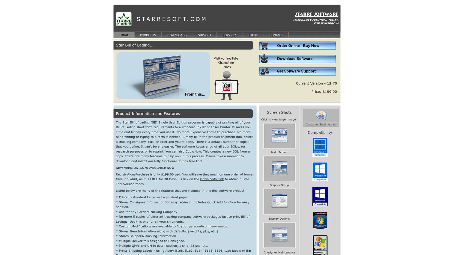 Star Bill of Lading desktop software homepage