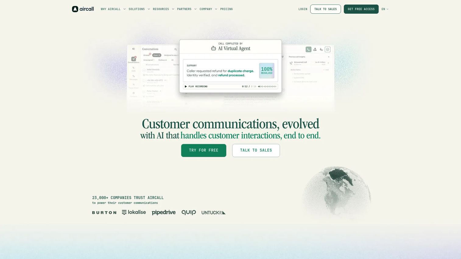 Aircall cloud phone system for sales and support