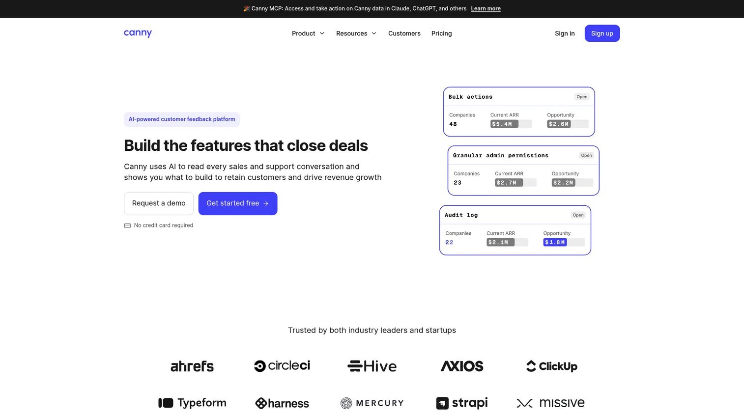 Canny feature request board showing customer feedback, votes, and roadmap columns