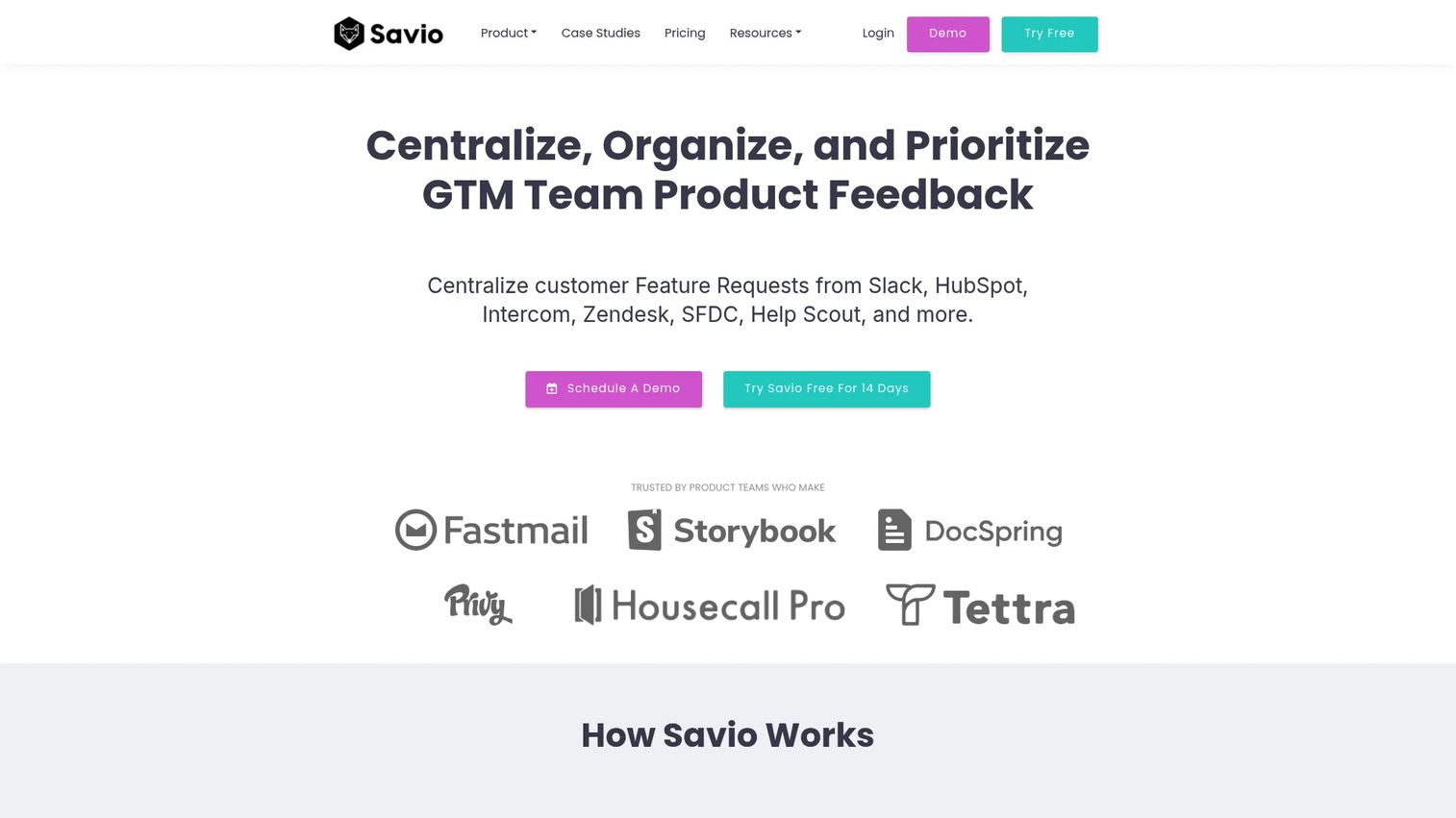 Savio dashboard showing consolidated feature requests and prioritization