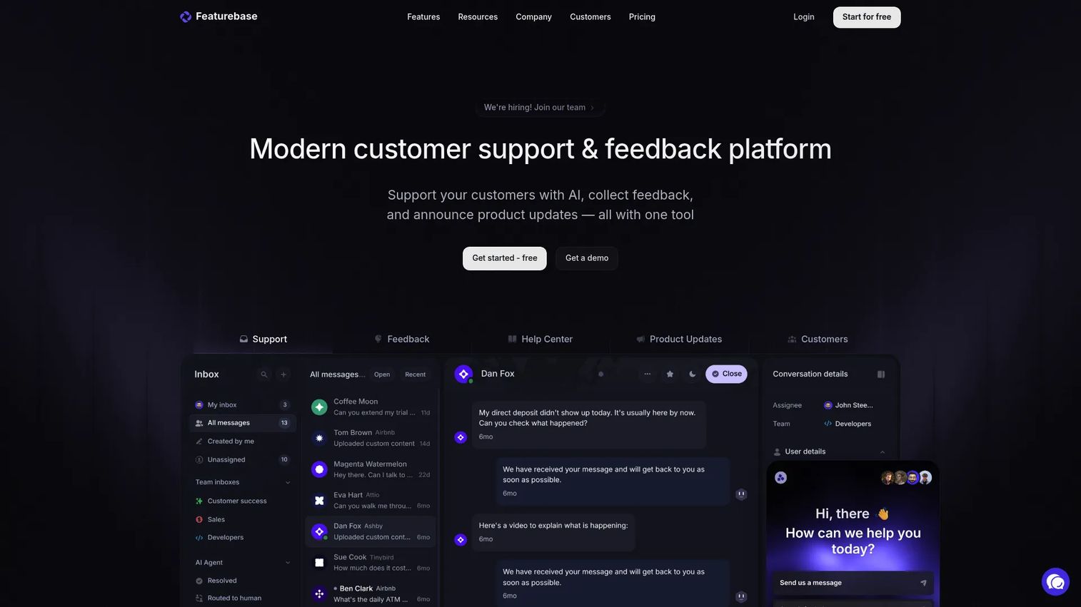 Featurebase dashboard showing feedback boards, roadmap, and changelog views