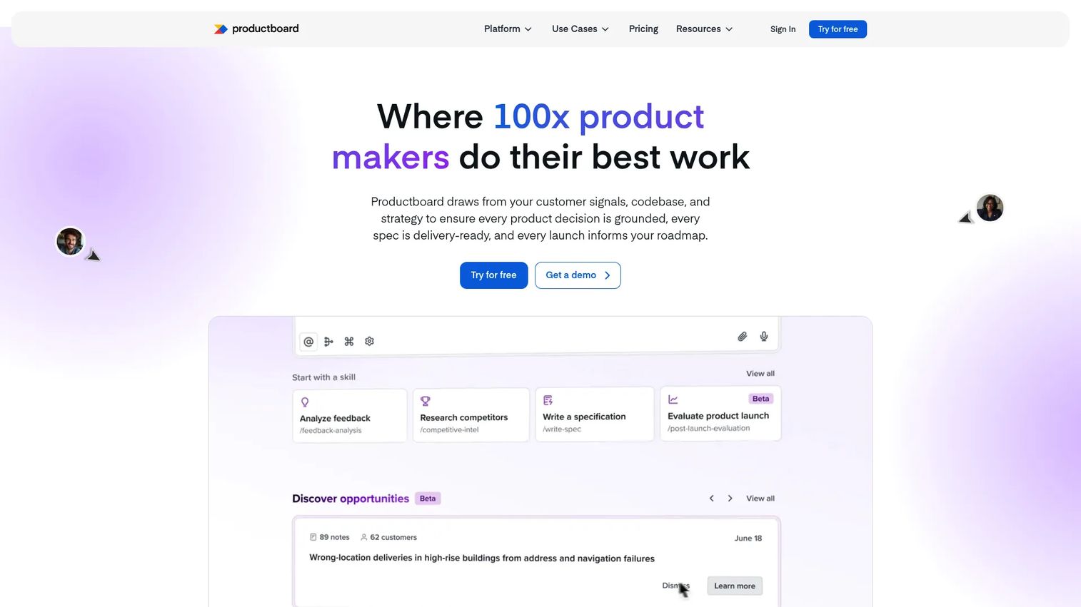 Productboard interface showing prioritization matrix and customer insights