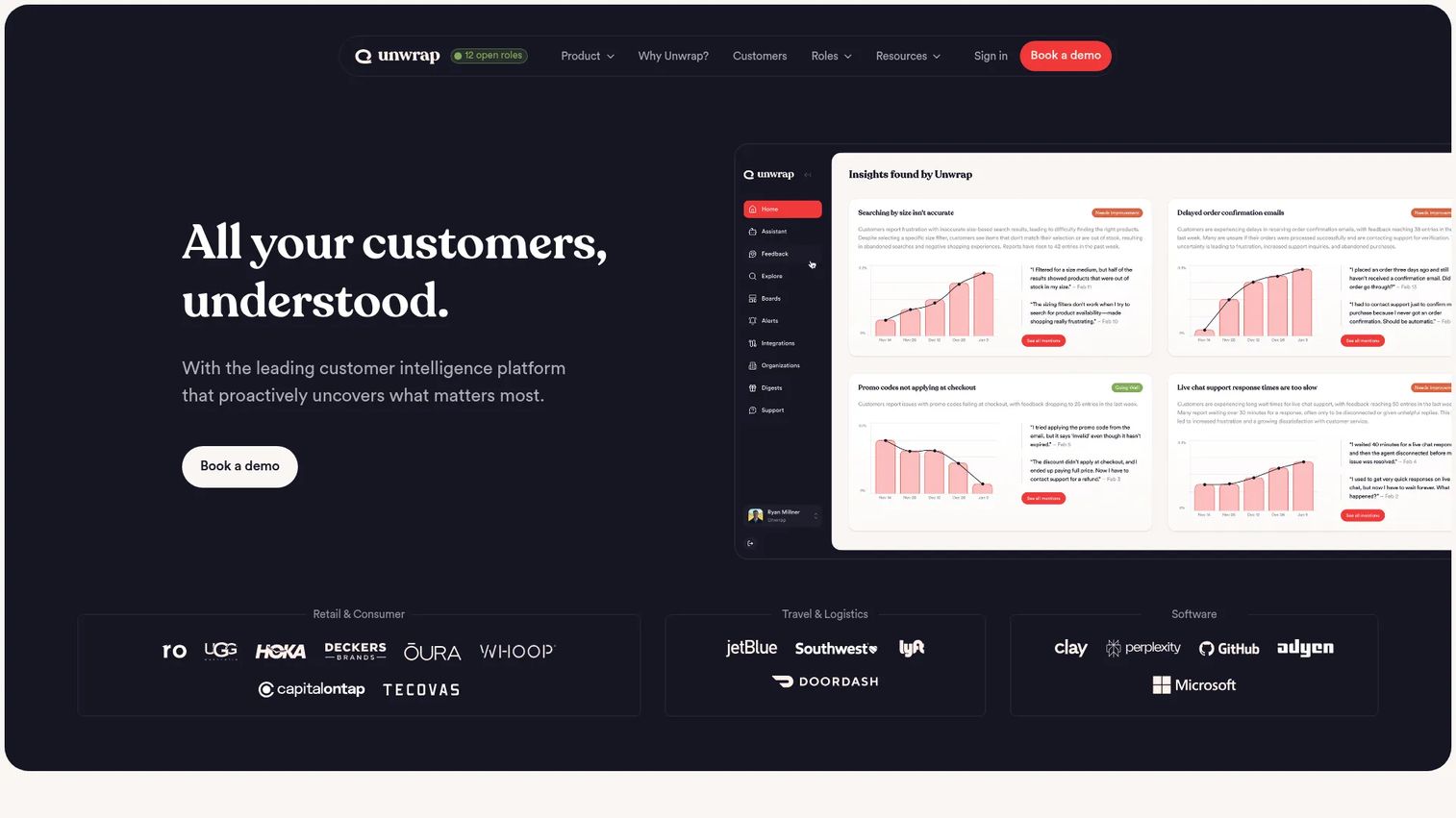 Unwrap AI dashboard showing auto-tagged feedback themes and analytics