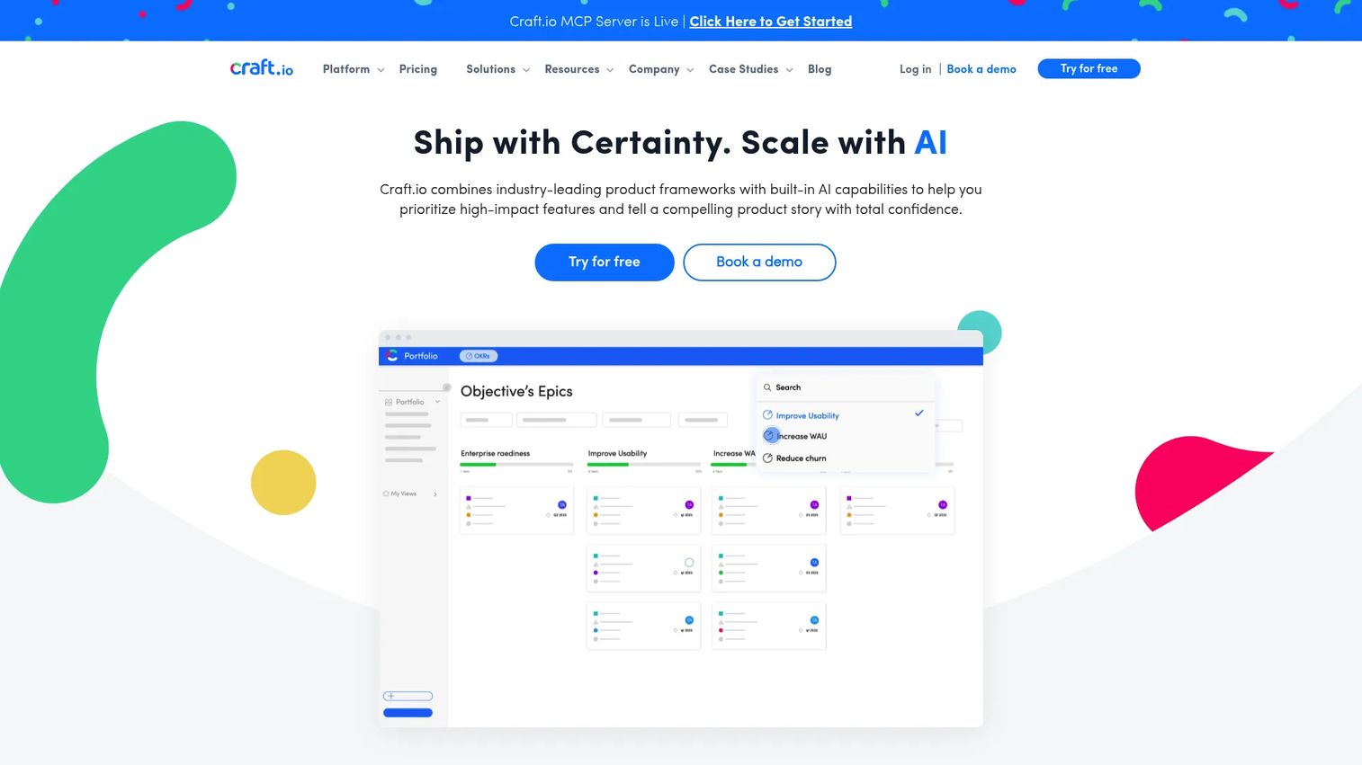Craft.io product management platform homepage