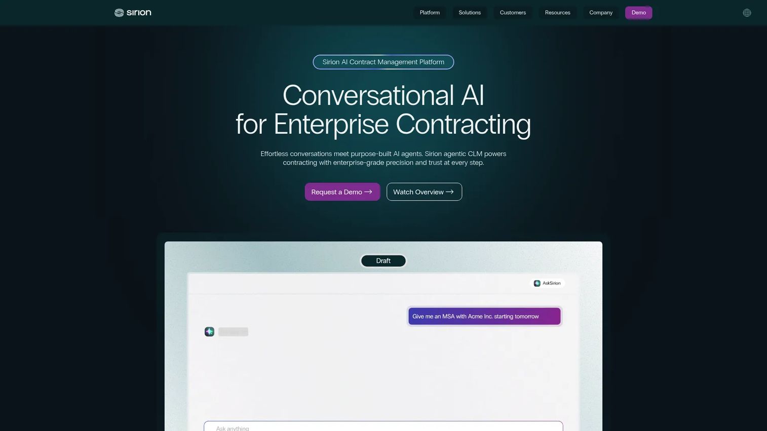 Sirion AI-native CLM platform homepage