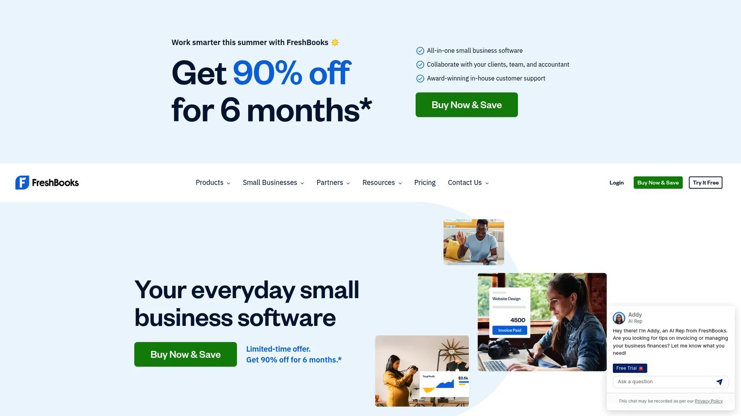FreshBooks homepage showing invoicing and accounting software