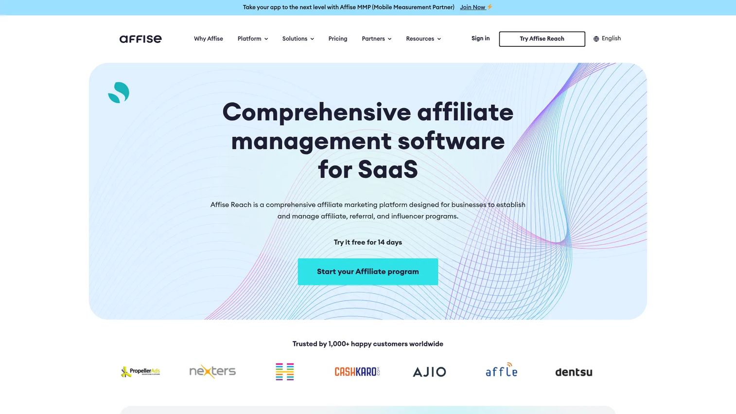 Affise Reach partnership marketing software homepage