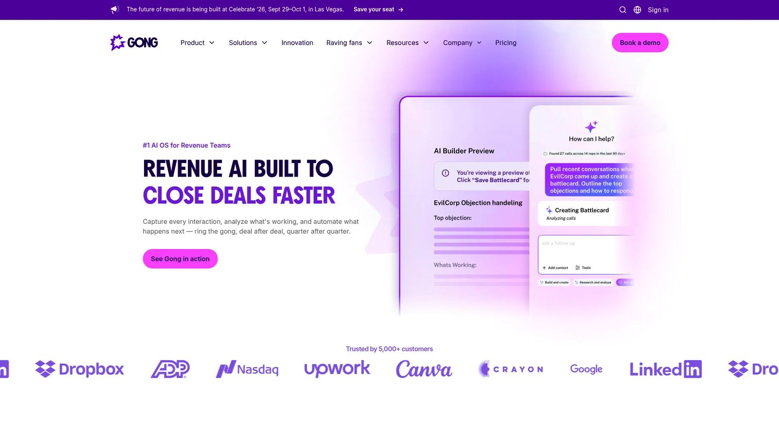 Gong revenue platform homepage