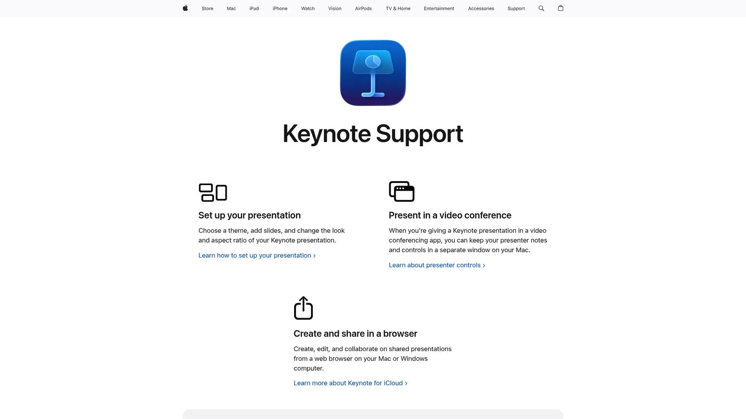 Apple Keynote presentation app homepage