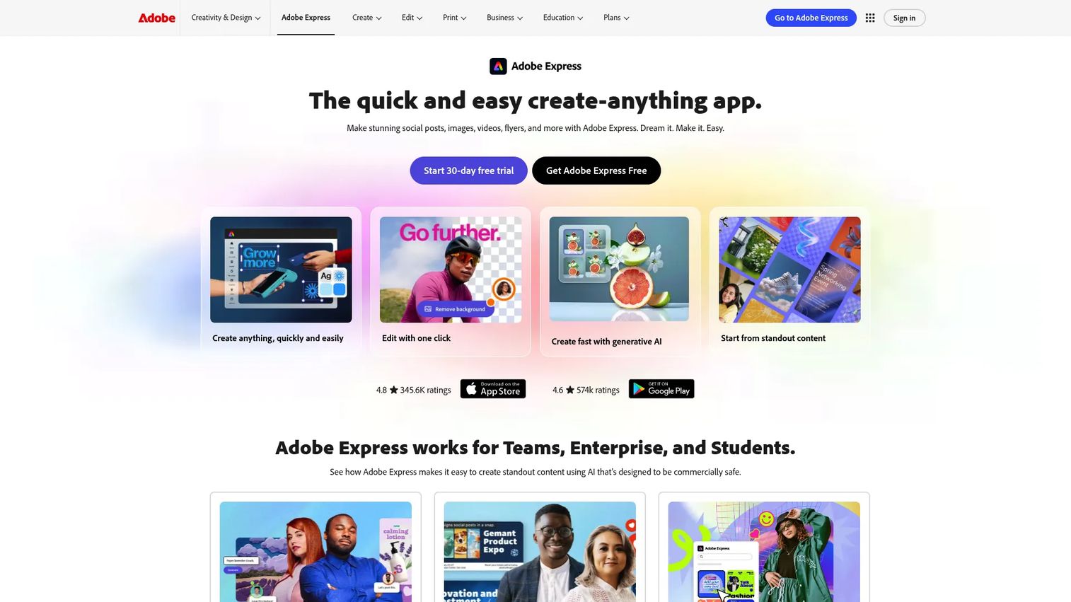 Adobe Express online design and video creation homepage