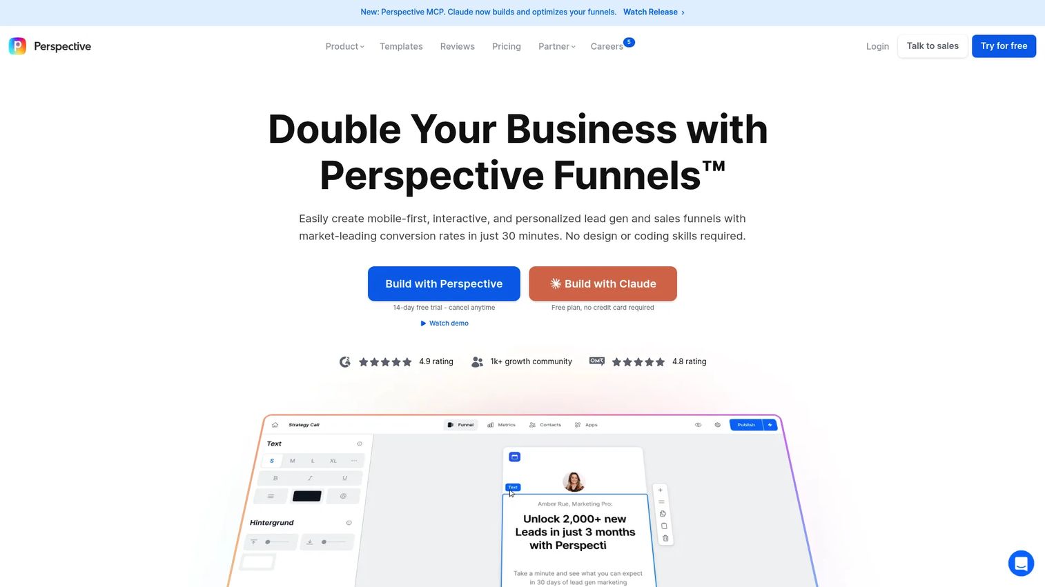 Perspective mobile-first funnel builder homepage