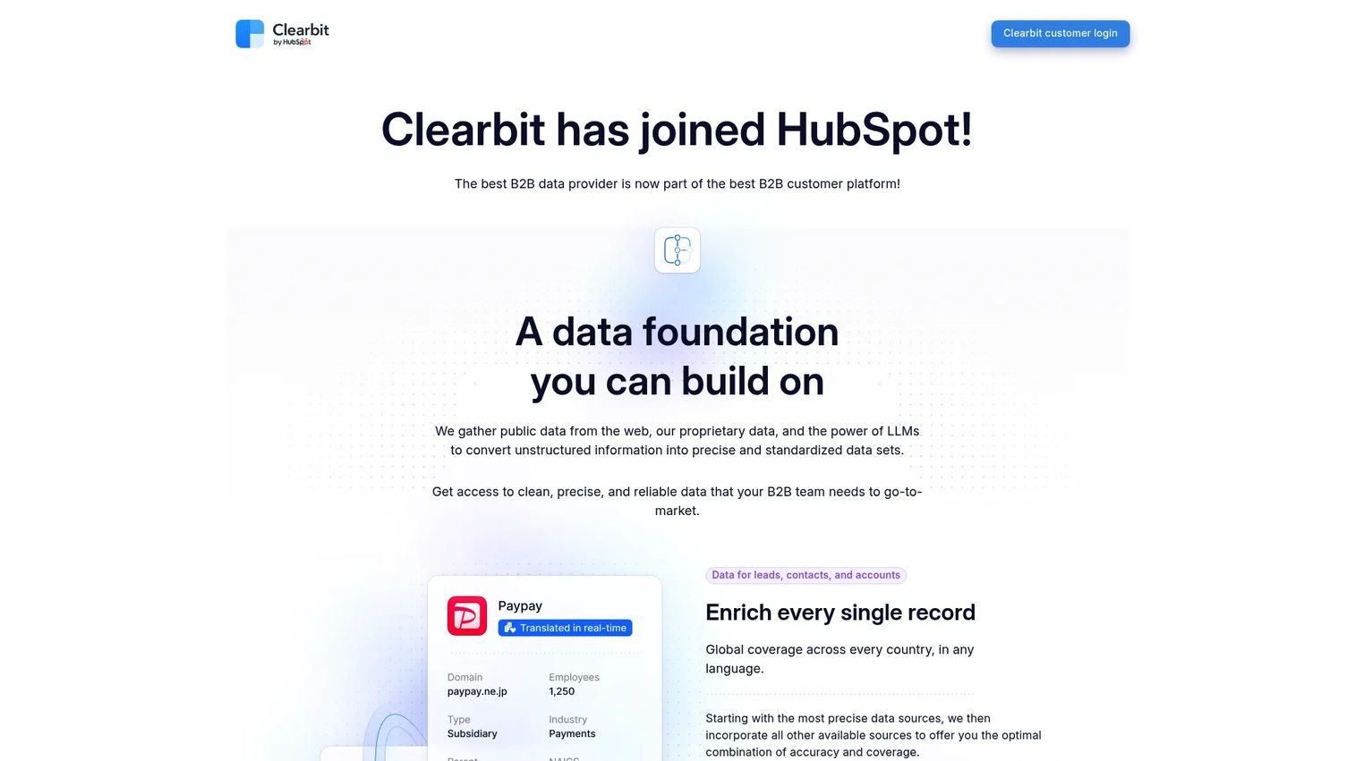 Clearbit B2B data enrichment platform homepage