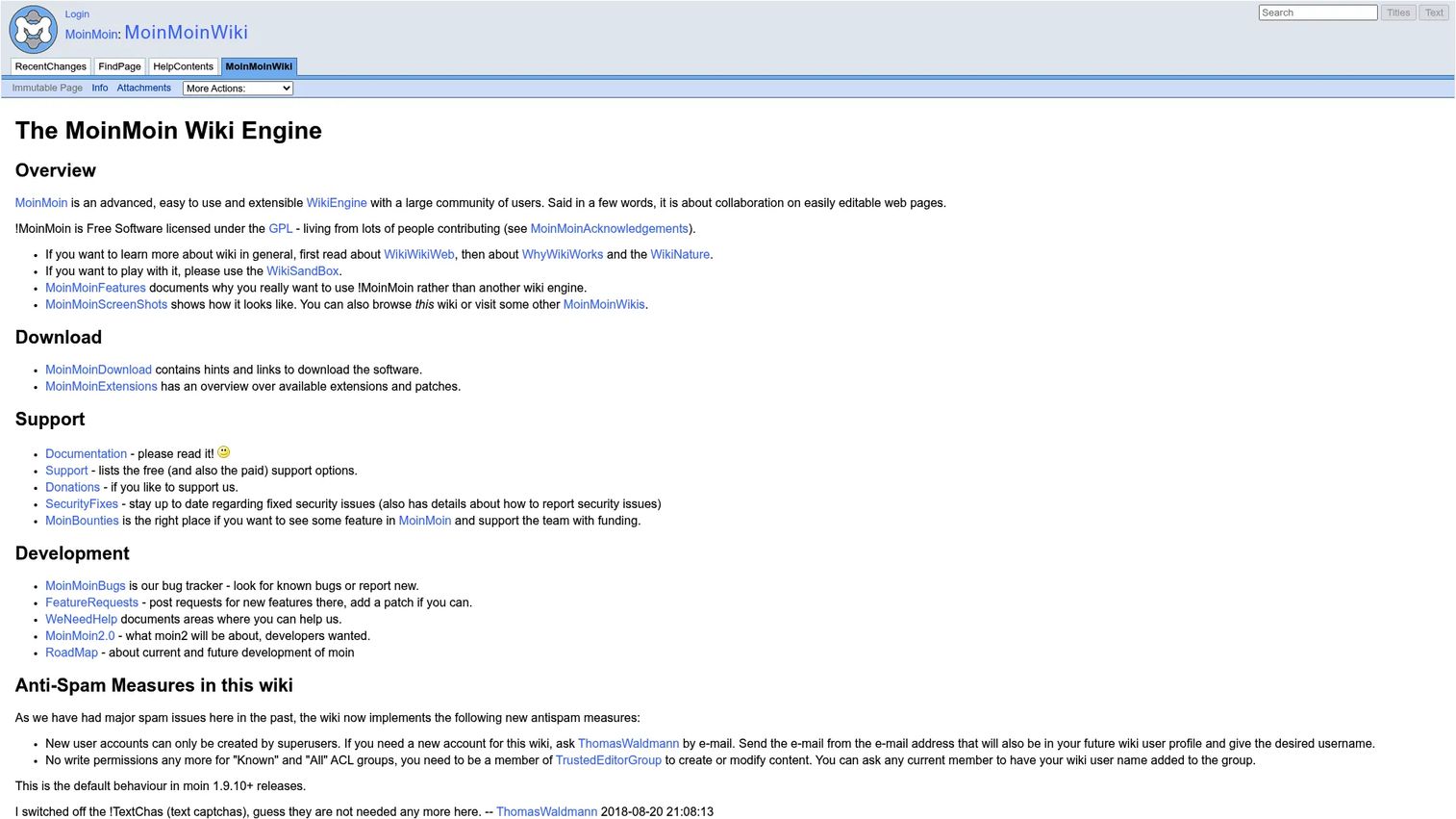 MoinMoin interface showing a Python-based wiki engine
