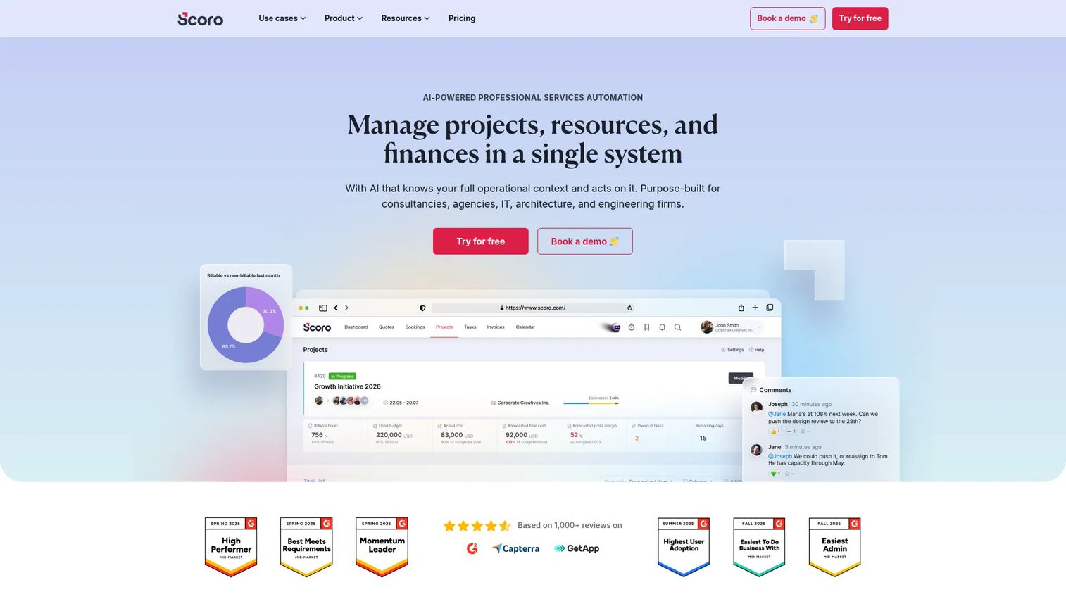 Scoro consulting and PSA software dashboard
