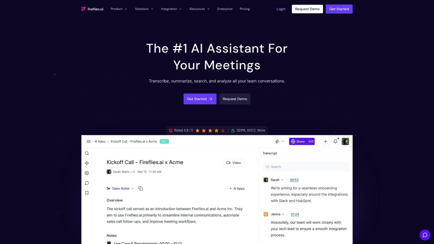 Fireflies.ai meeting notes and CRM sync homepage