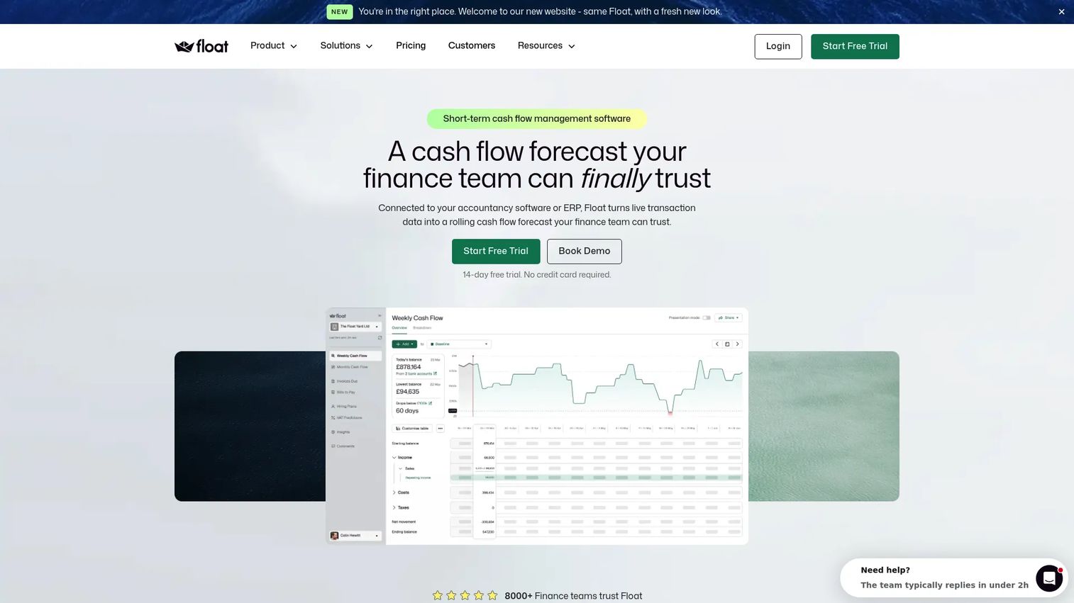 Float cash flow forecasting dashboard