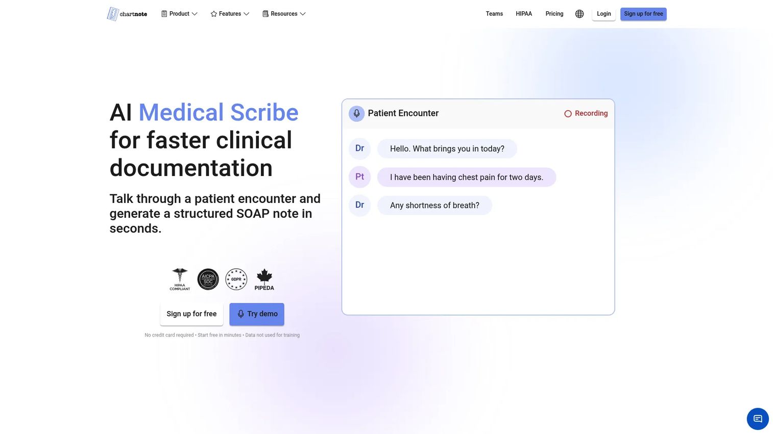 Chartnote AI medical documentation platform homepage