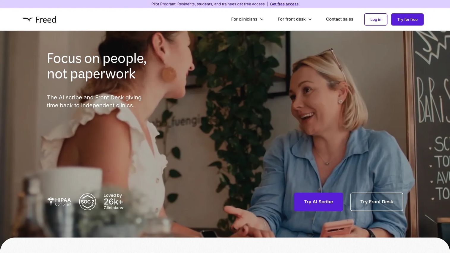 Freed AI medical scribe homepage
