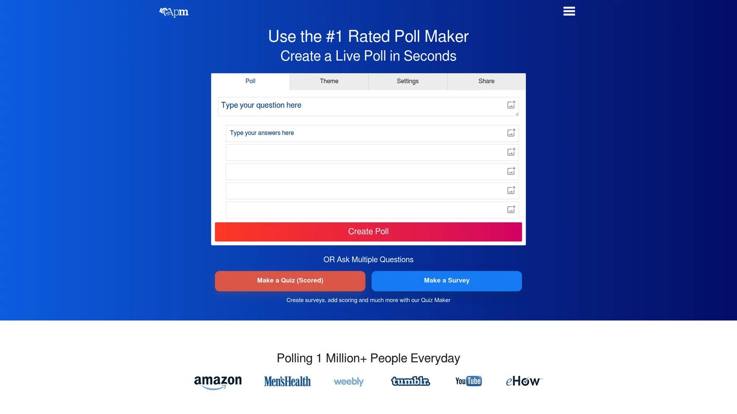 Poll Maker homepage showing free online poll creation
