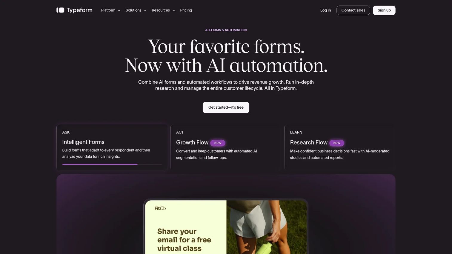 Typeform homepage showing conversational form and survey builder