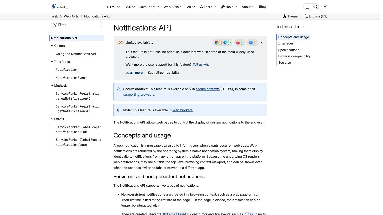 Notification API documentation on MDN
