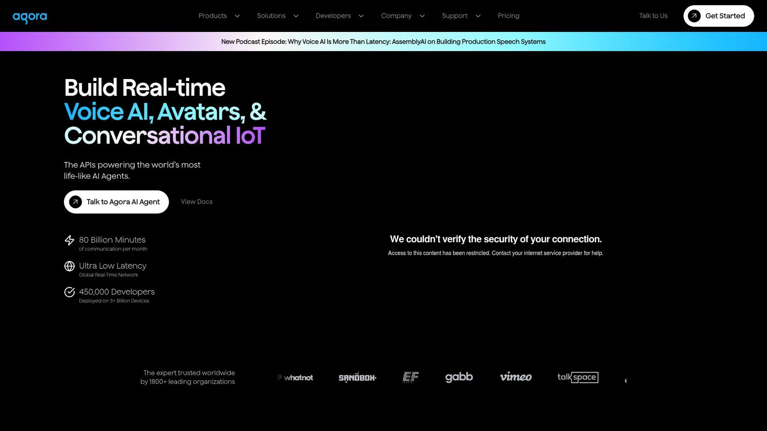 Agora real-time engagement platform homepage