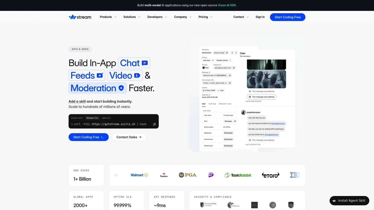Stream chat API and SDK platform homepage