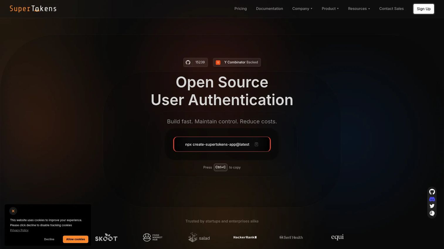 SuperTokens passwordless authentication software homepage