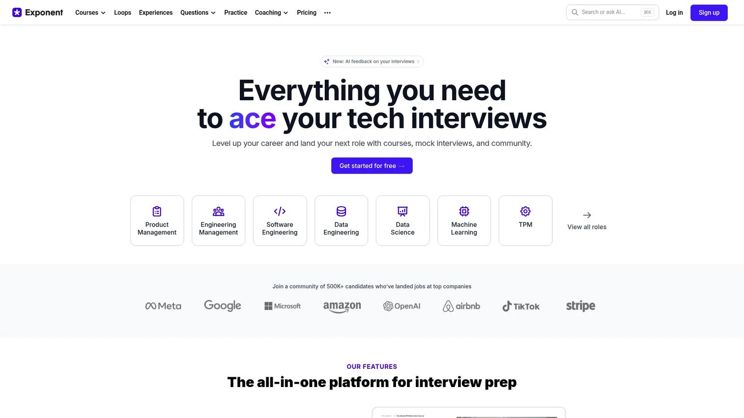 Exponent homepage showing tech interview preparation courses and mock interviews