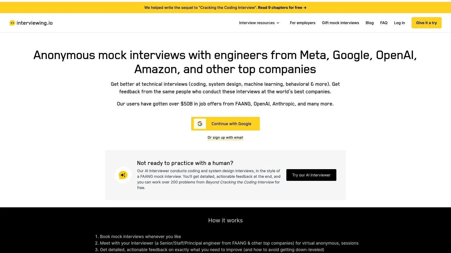 interviewing.io homepage showing anonymous mock interview platform