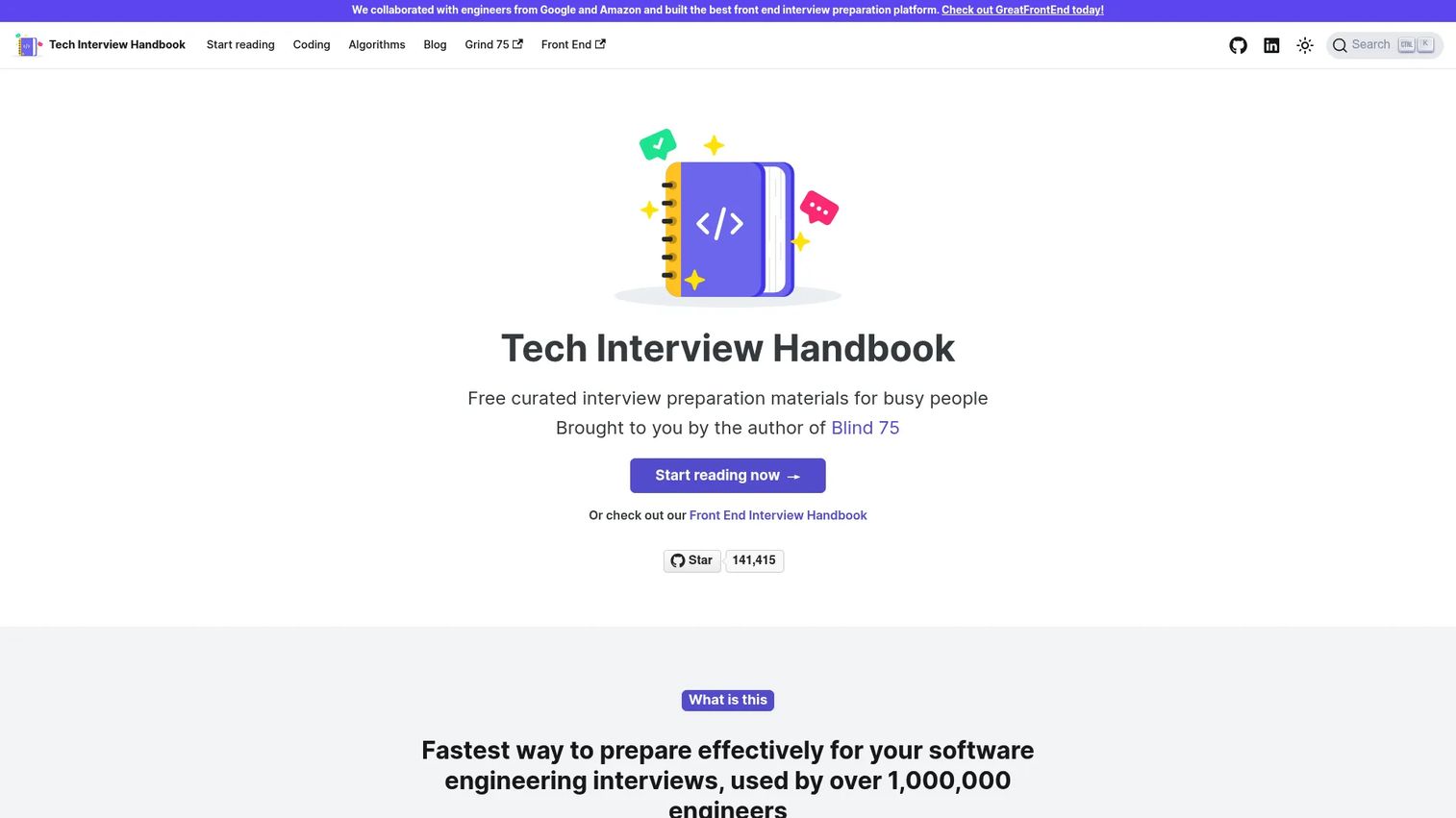 Tech Interview Handbook homepage showing free interview preparation resources