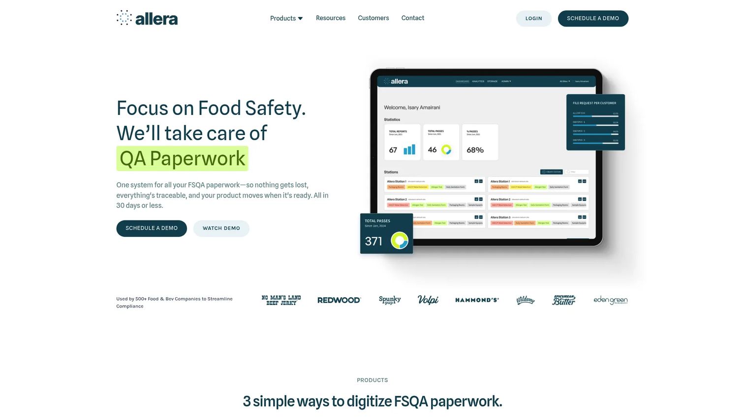 Allera food safety and quality management software homepage
