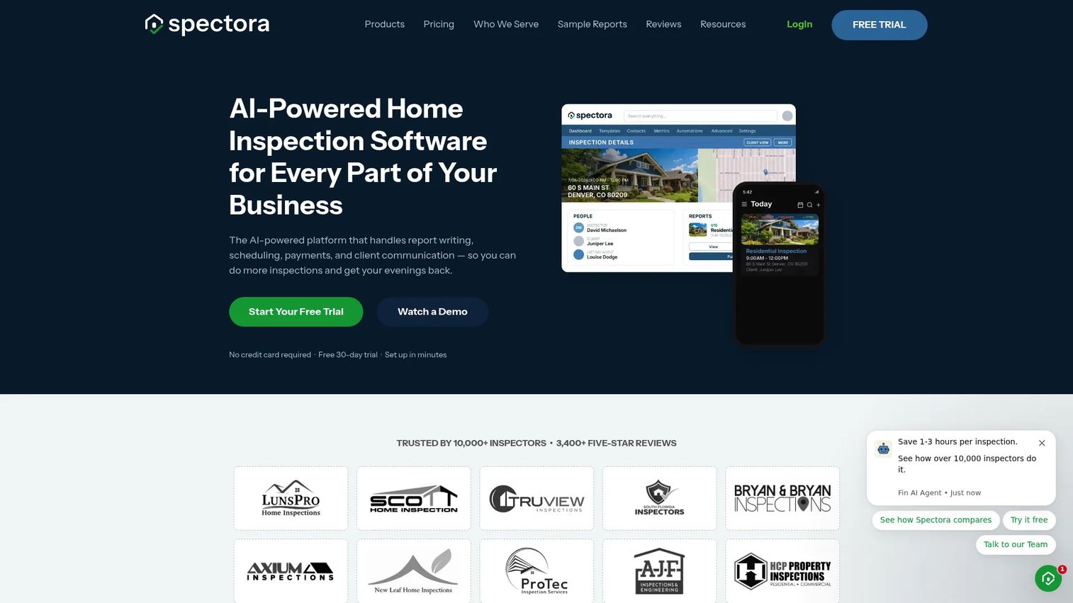 Spectora home and commercial inspection software dashboard