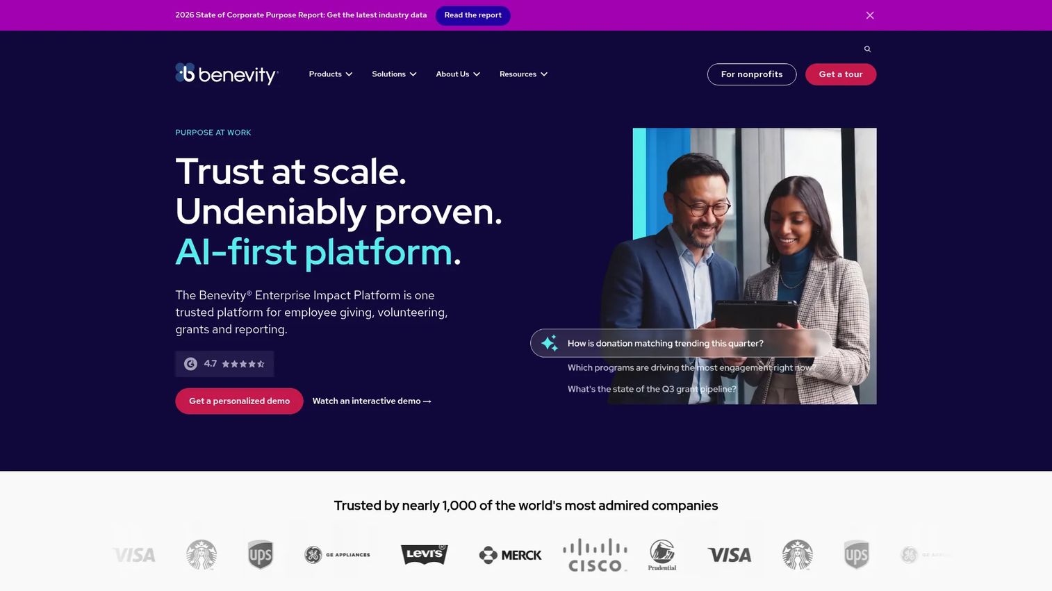 Benevity corporate giving platform homepage