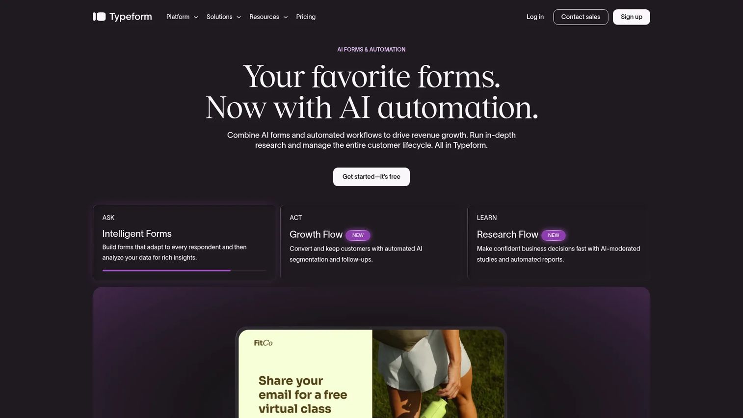 Typeform conversational form and survey platform homepage
