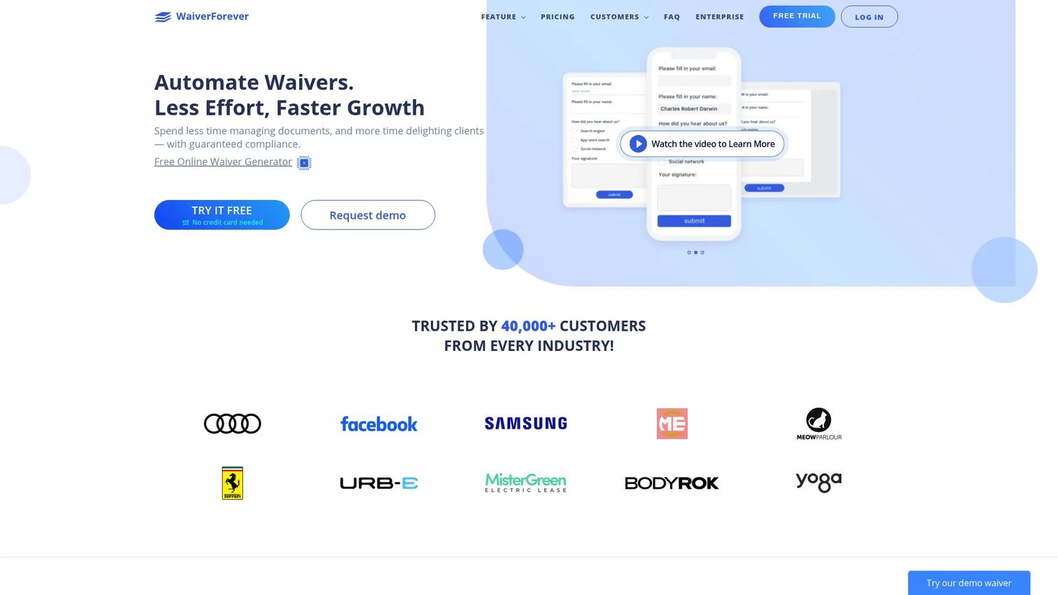 WaiverForever digital waiver platform homepage