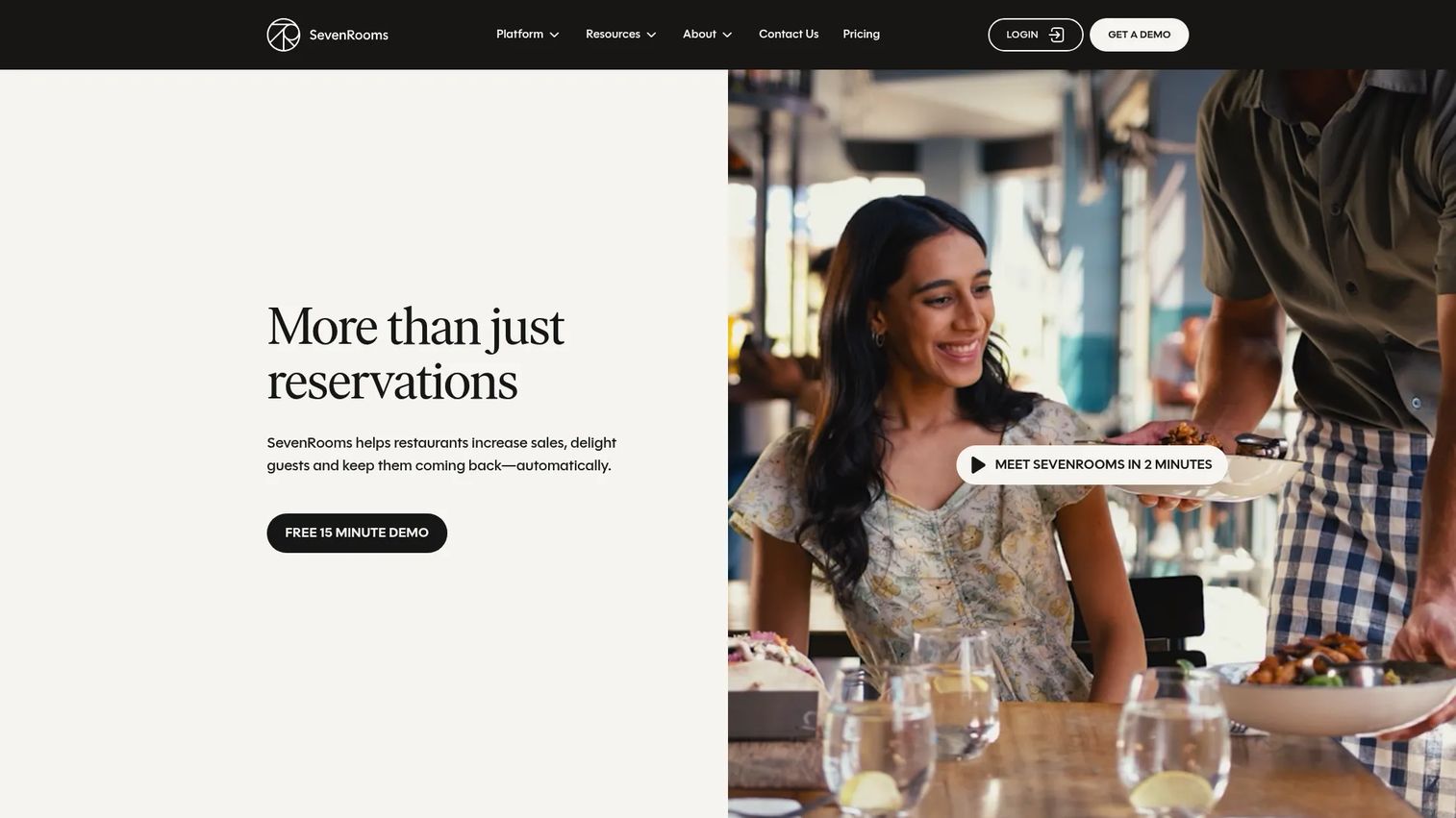SevenRooms hospitality CRM and reservations homepage