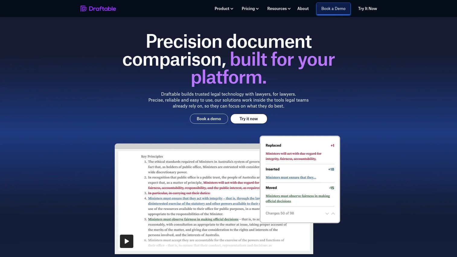 Draftable document comparison software interface