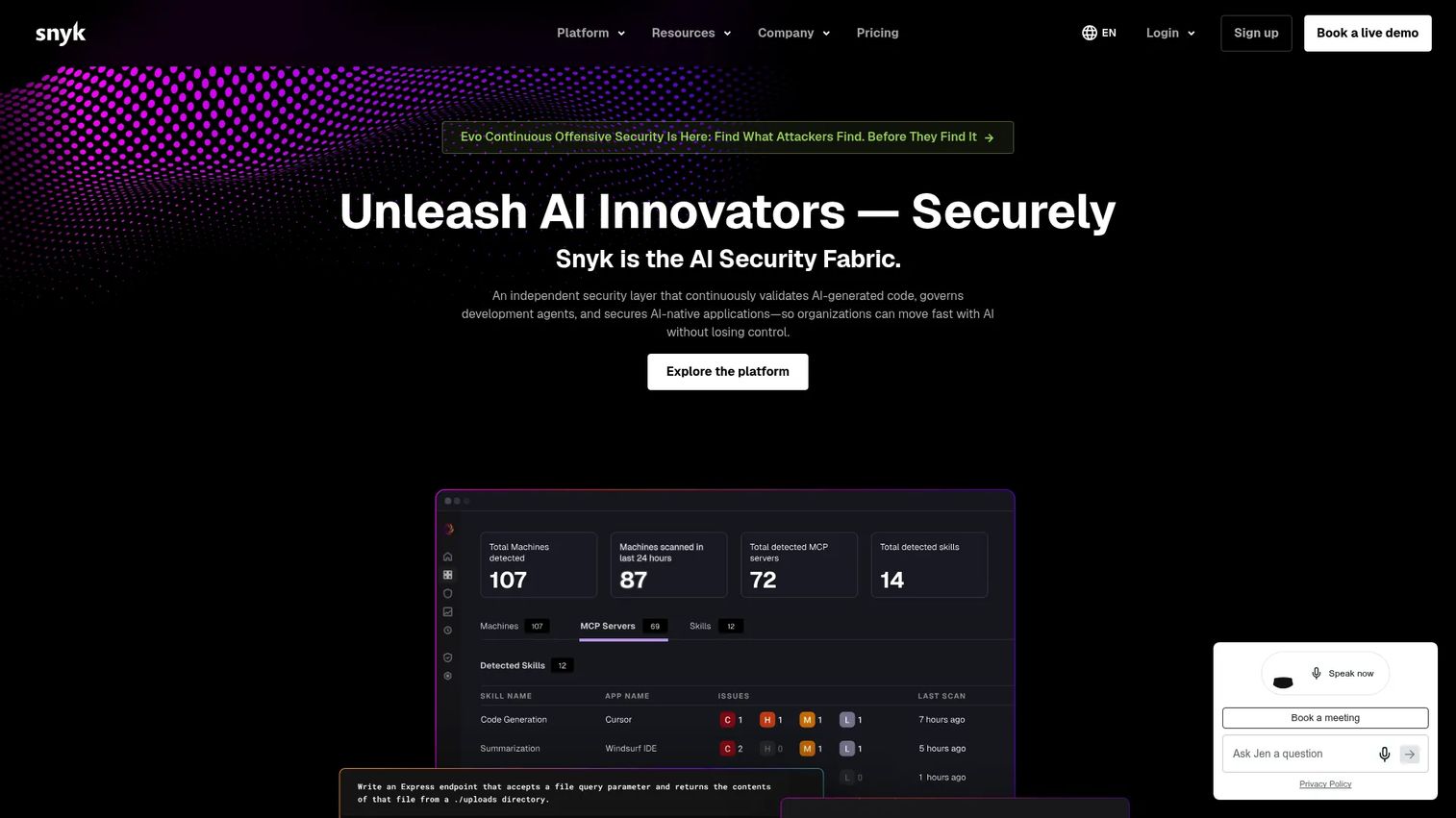 Snyk developer security platform homepage