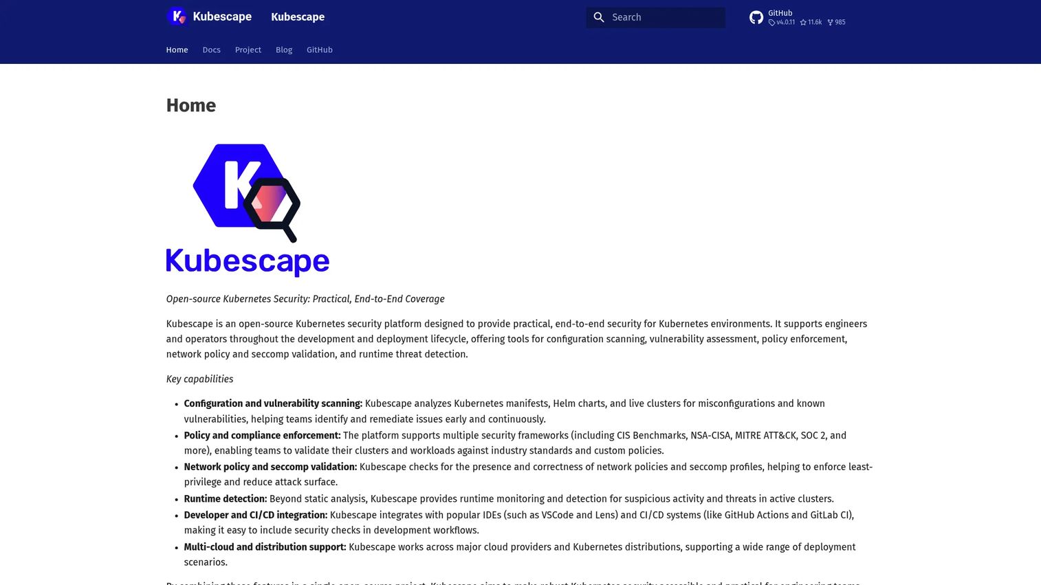 Kubescape Kubernetes security platform homepage