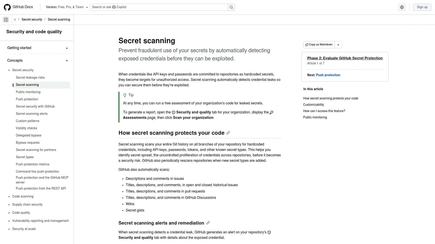 GitHub Secret Scanning documentation page