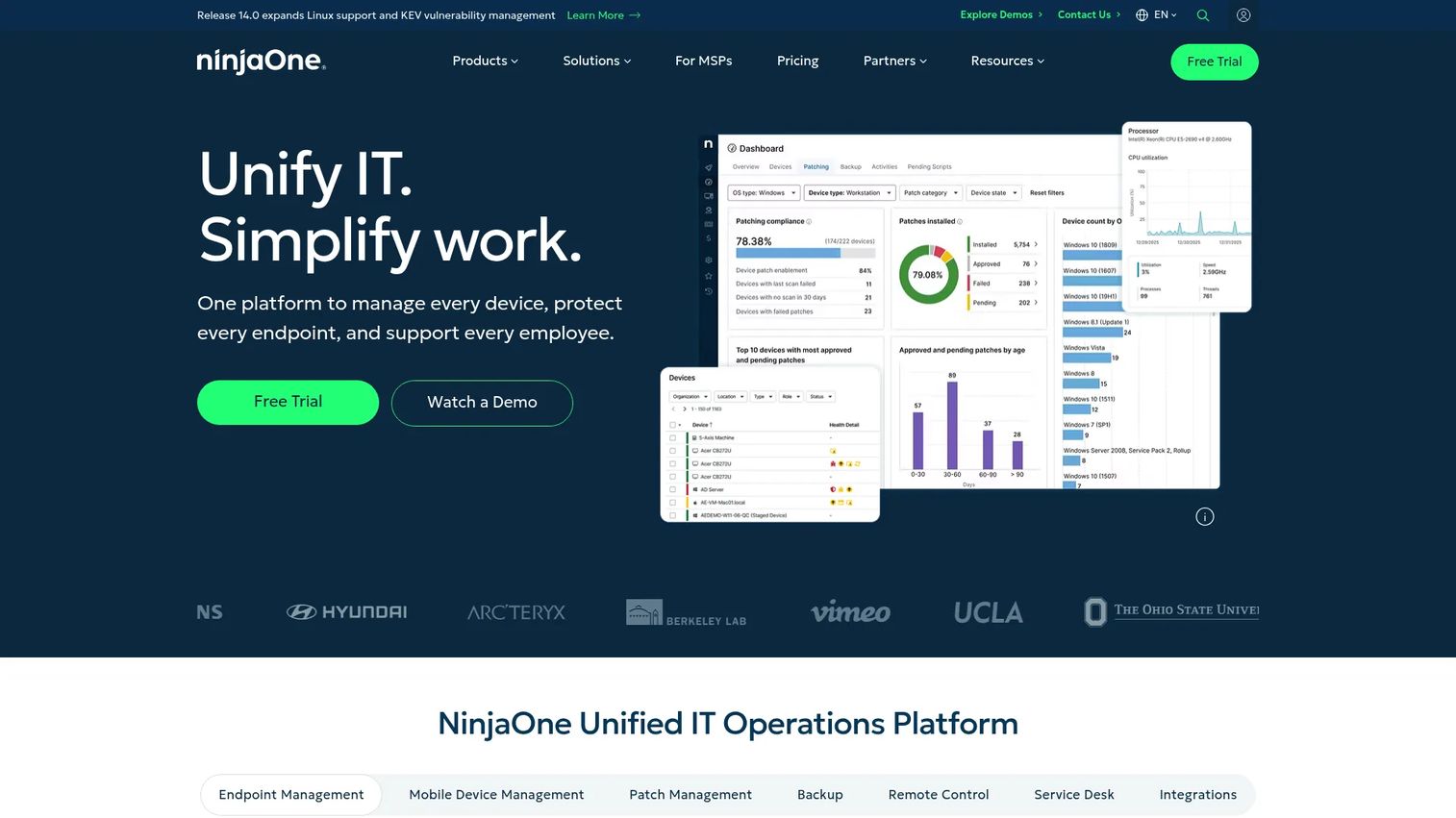 NinjaOne endpoint management and RMM dashboard