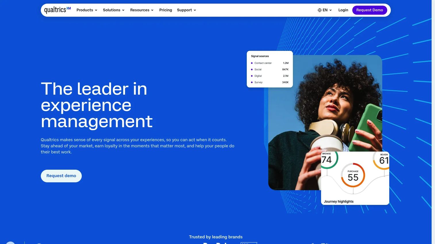 Qualtrics XM Platform homepage showing its experience management suites