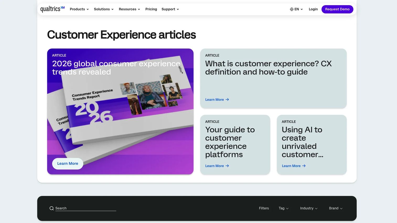 Qualtrics XM for Customer Experience platform homepage