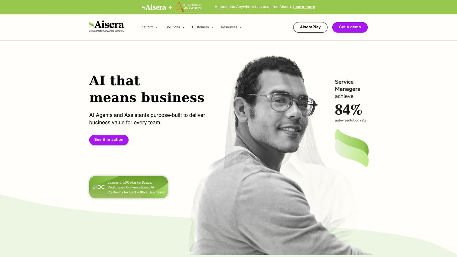 Aisera agentic AI platform homepage
