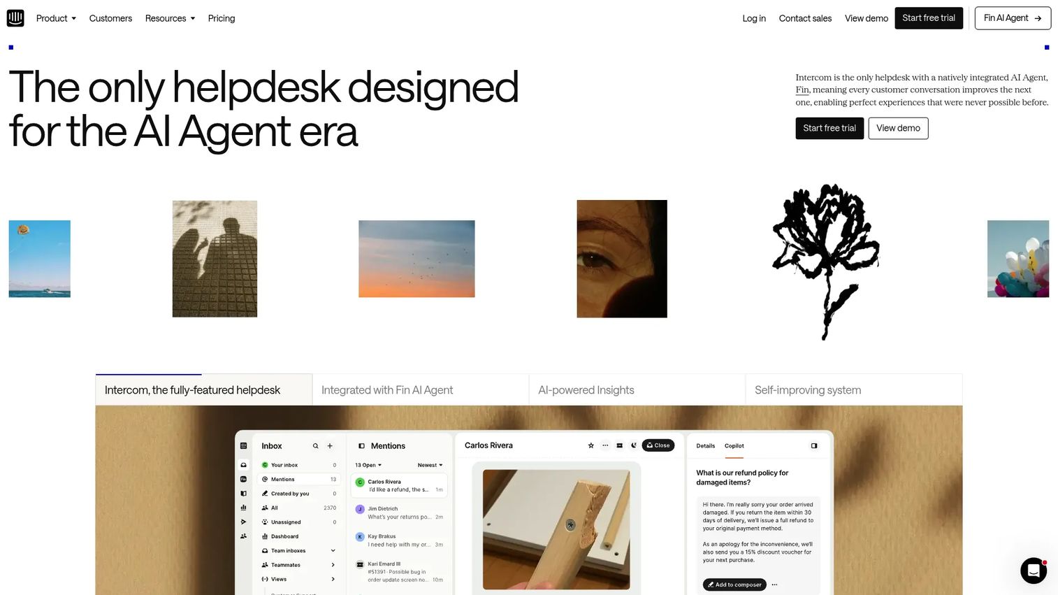 Intercom customer messaging and support platform homepage