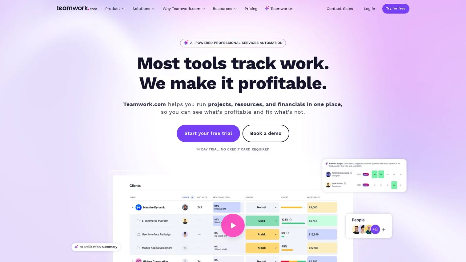 Teamwork.com homepage screenshot showing project and work management interface for client-service teams