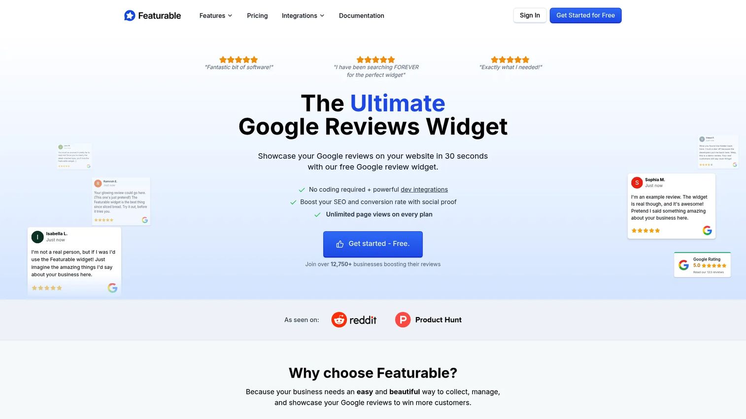 Featurable Google review widget homepage