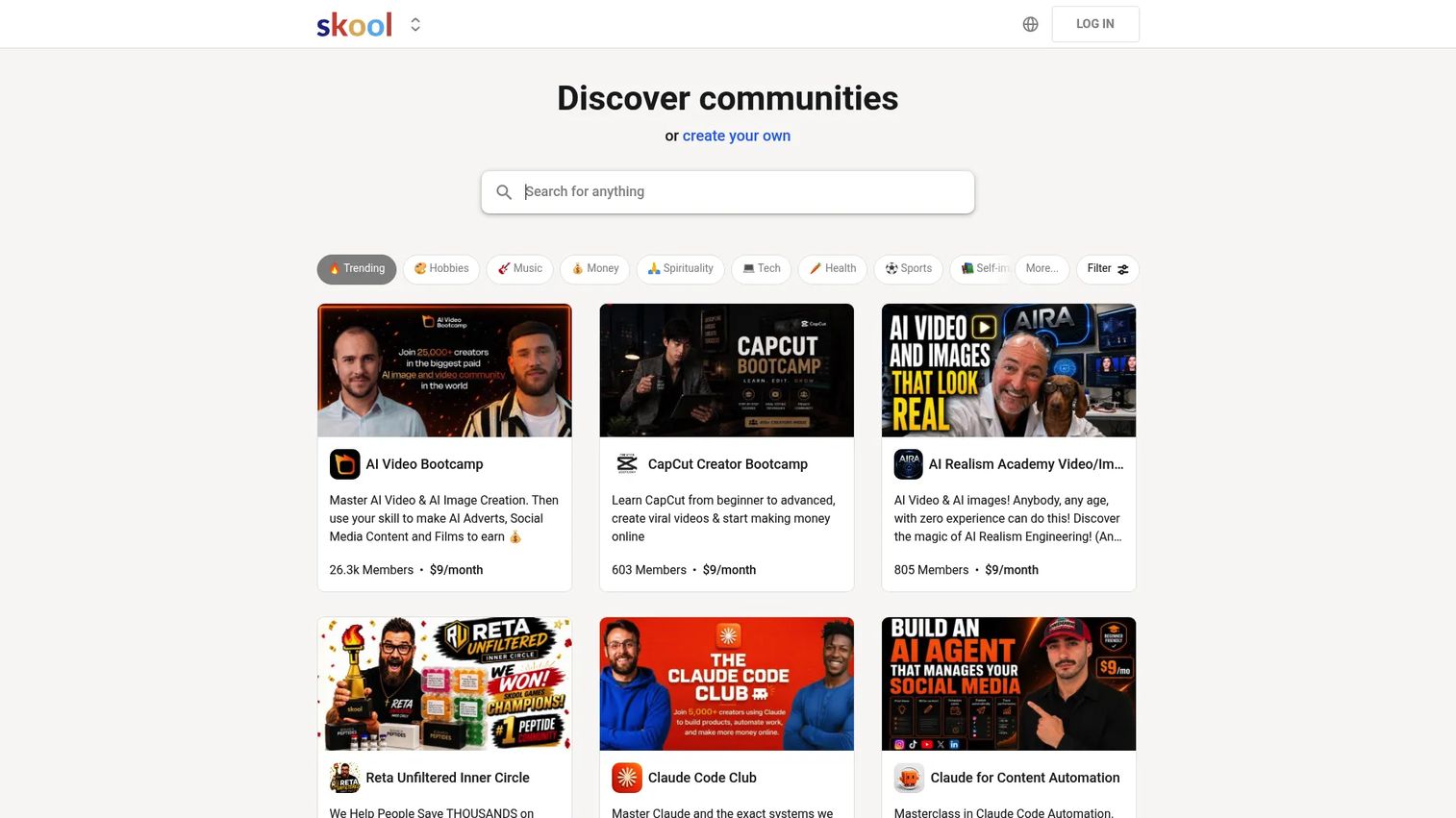 Skool community platform homepage