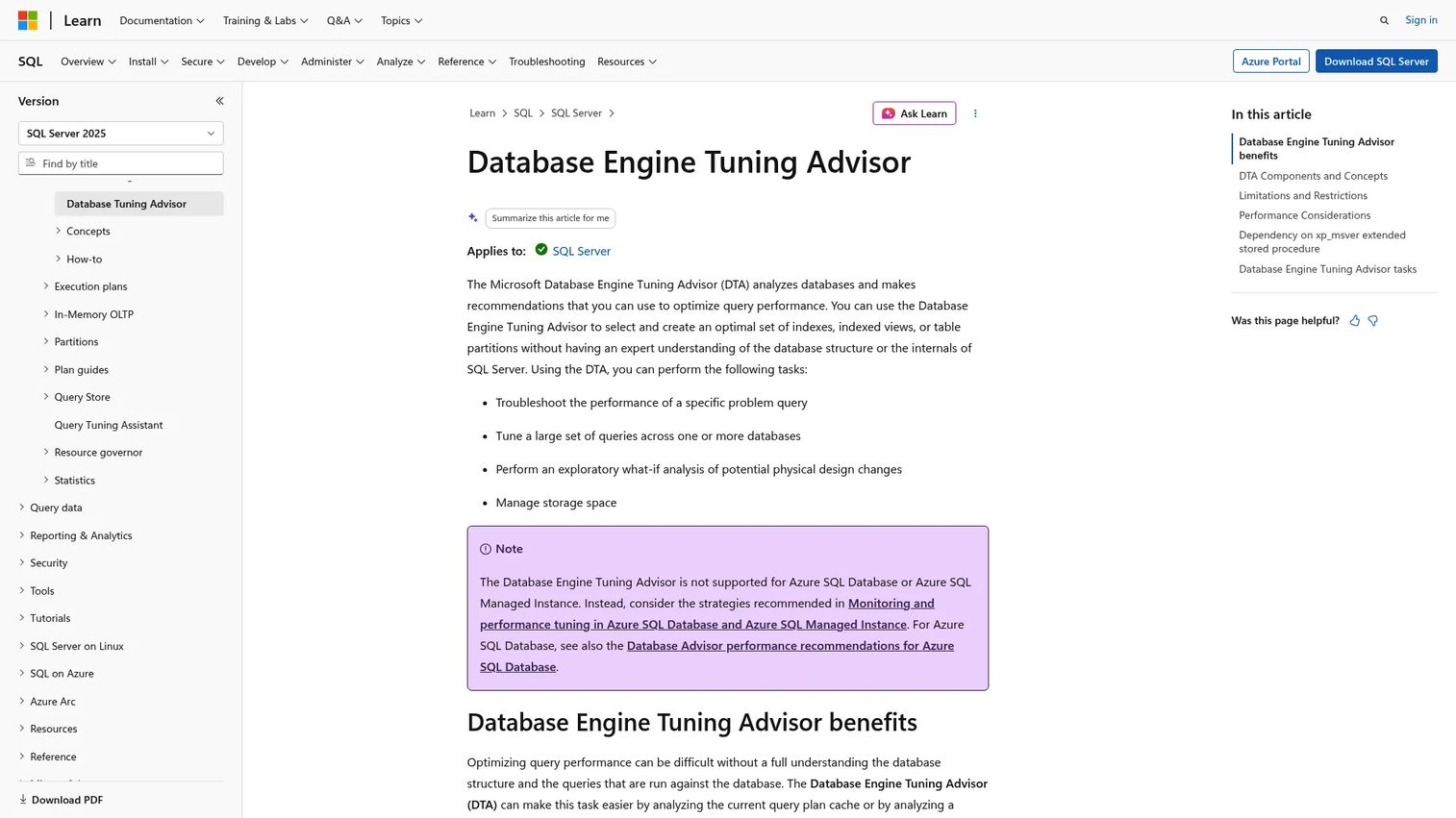 Database Engine Tuning Advisor documentation screenshot
